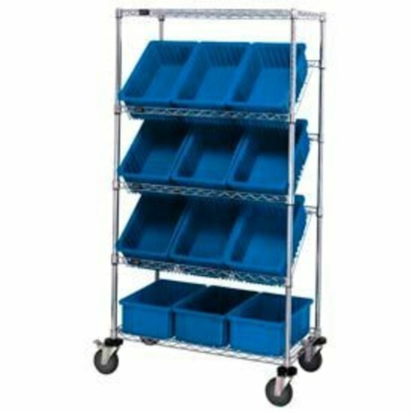 Global Industrial Easy Access Slant Shelf Chrome Wire Cart 12 3-1/2inH Grid Bins Blue 36x18x63 268999BL